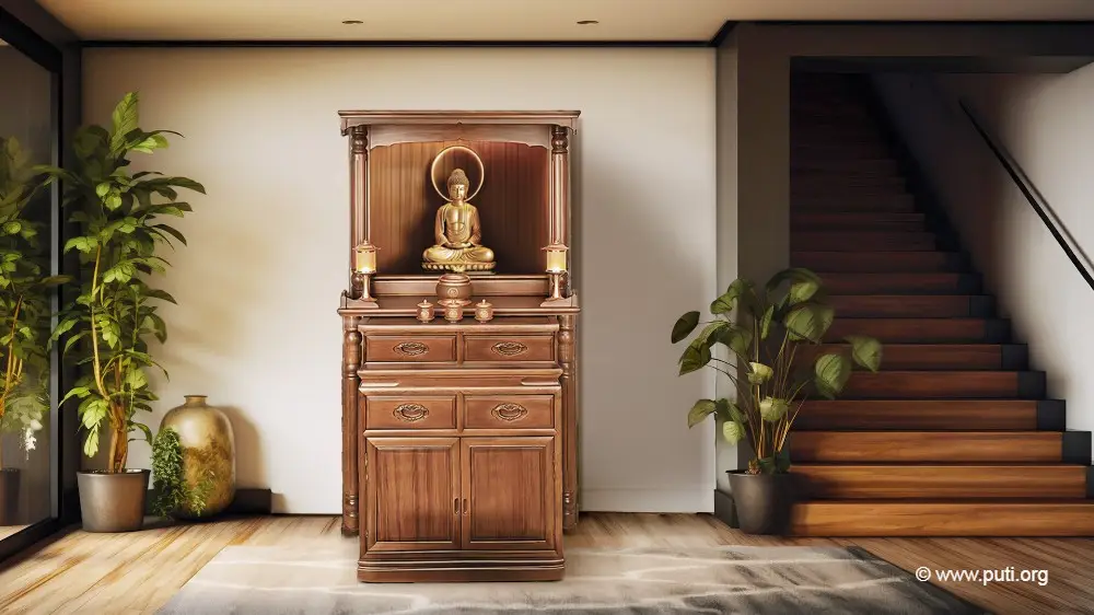 在家中客厅摆放的神龛上，供奉着佛陀塑像。