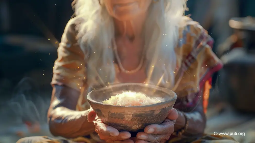 老人手裡捧著的米飯正在發光