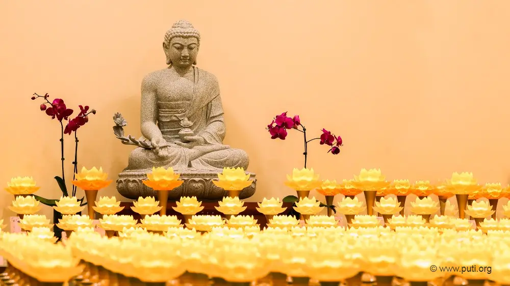 莲花灯前的佛陀塑像。
